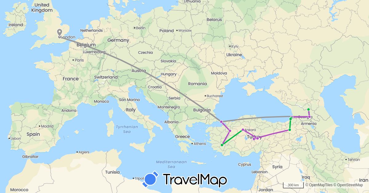 TravelMap itinerary: bus, plane, train in United Kingdom, Georgia, Turkey (Asia, Europe)